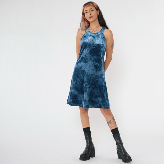 90s Blue Tie Dye Velvet Mini Dress Sleeveless Racerback Medium M