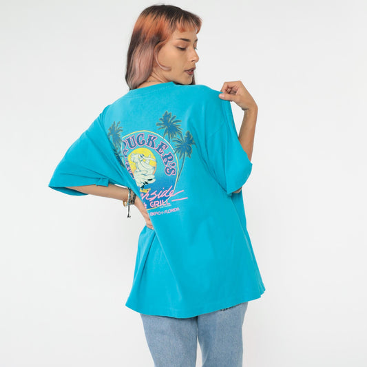 90s Fudpucker's Beachside Bar Grill Turquoise Graphic Tee Pelican Extra Large XL