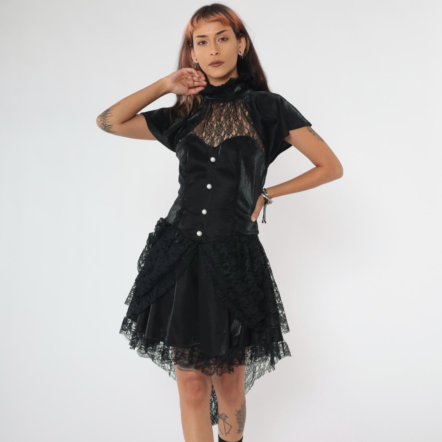 Y2K Black Lace Corset Dress Sweetheart Neckline Asymmetrical Mini Small S