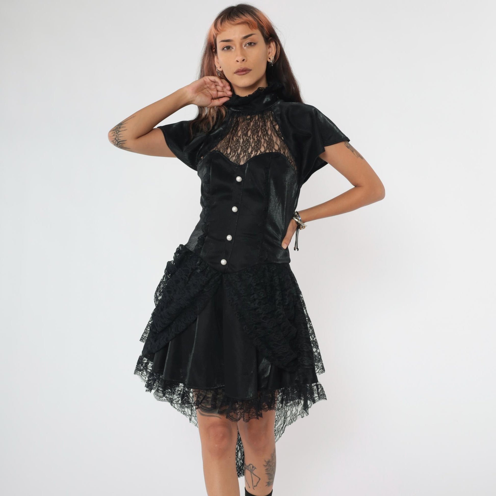 Y2K Black Lace Corset Dress Sweetheart Neckline Asymmetrical Mini Small S