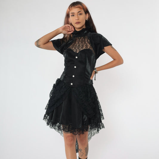 Y2K Black Lace Corset Dress Sweetheart Neckline Asymmetrical Mini Small S