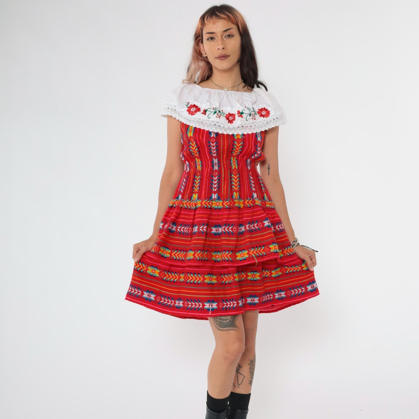 90s Red Mexican Embroidered Mini Dress Off-Shoulder Elastic Waist Small