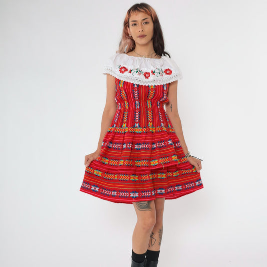 90s Red Mexican Embroidered Mini Dress Off-Shoulder Elastic Waist Small
