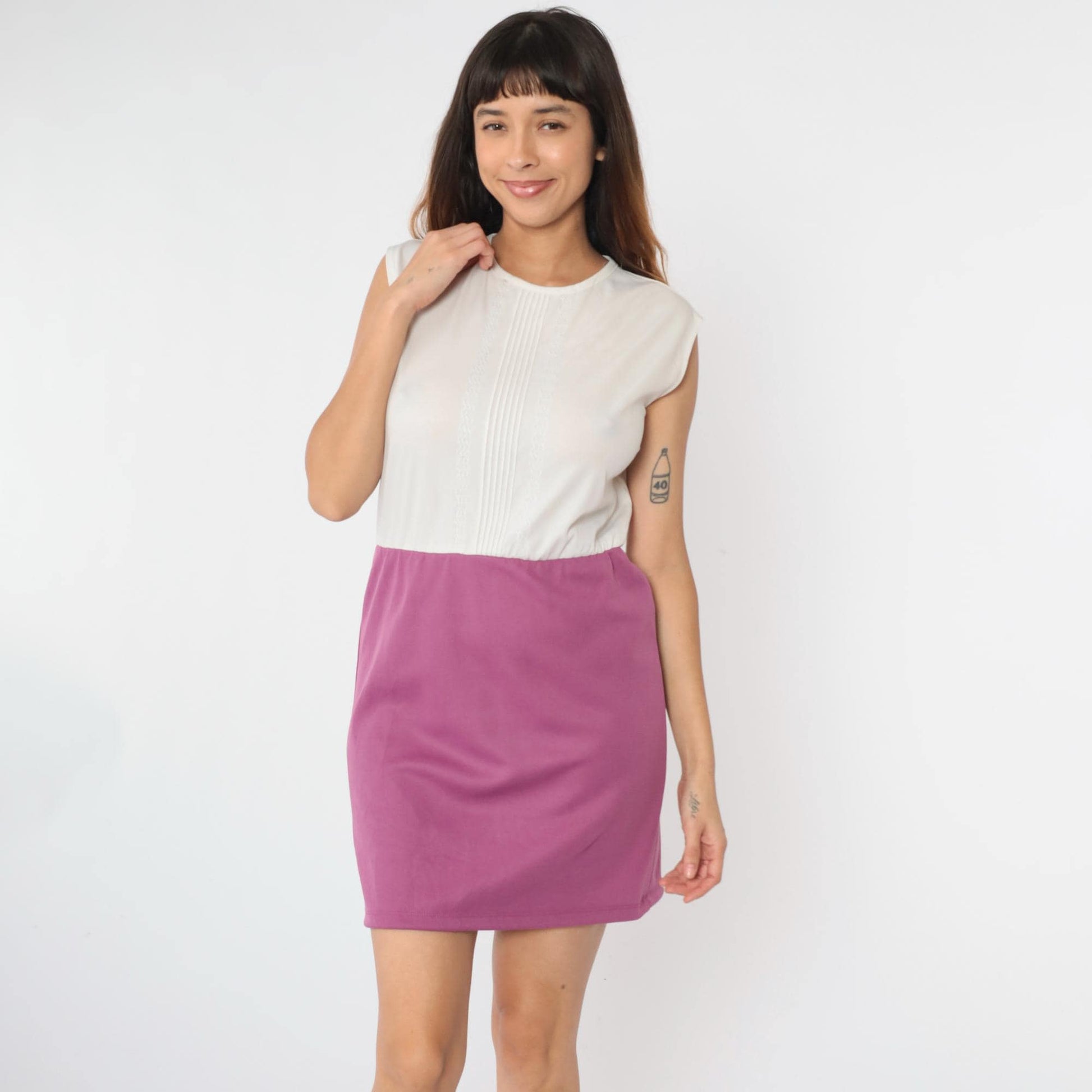 80s Purple White Colour Block Sleeveless Mini Dress Pintucked Small
