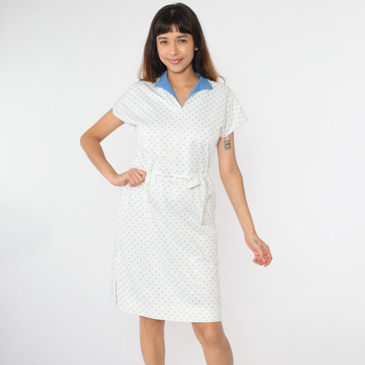 70s White Polka Dot Midi Dress V-Neck High Waist Cap Sleeve Medium Large