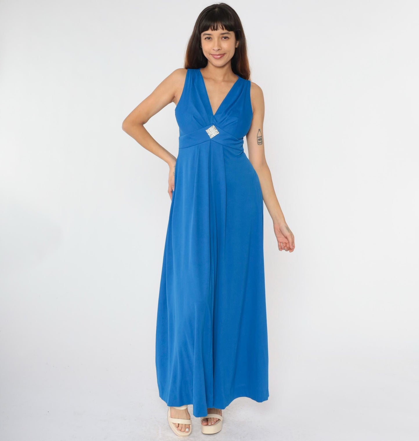 70s Blue Maxi Dress Rhinestone Empire Waist V Neck Sleeveless Small