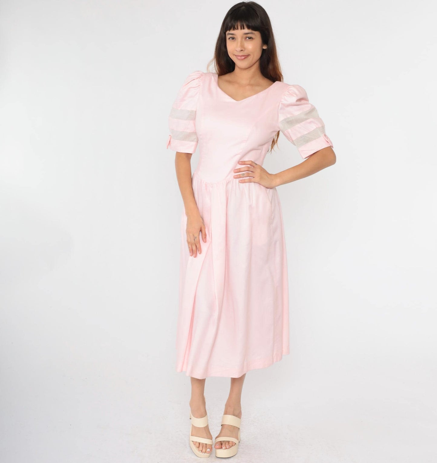 80s Lanz Originals Baby Pink Puff Sleeve Midi Dress Basque Waist Medium 8