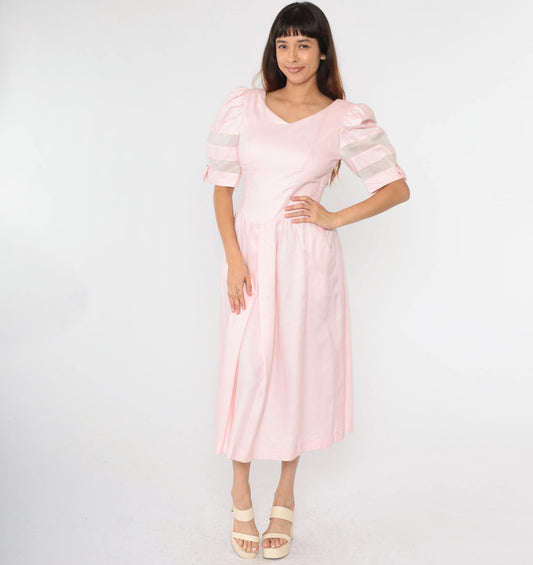 80s Lanz Originals Baby Pink Puff Sleeve Midi Dress Basque Waist Medium 8