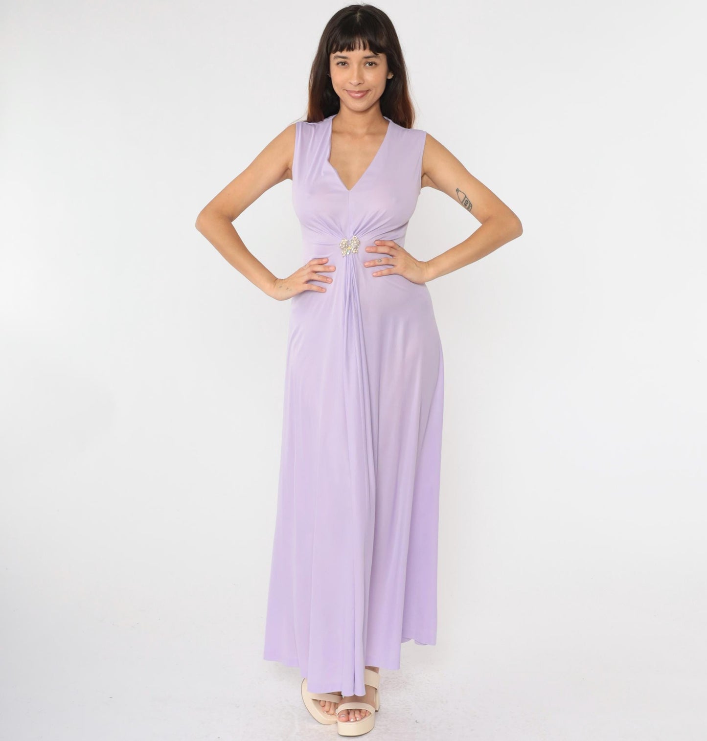 70s Lavender Maxi Dress Rhinestone Butterfly Deep V Sleeveless Small