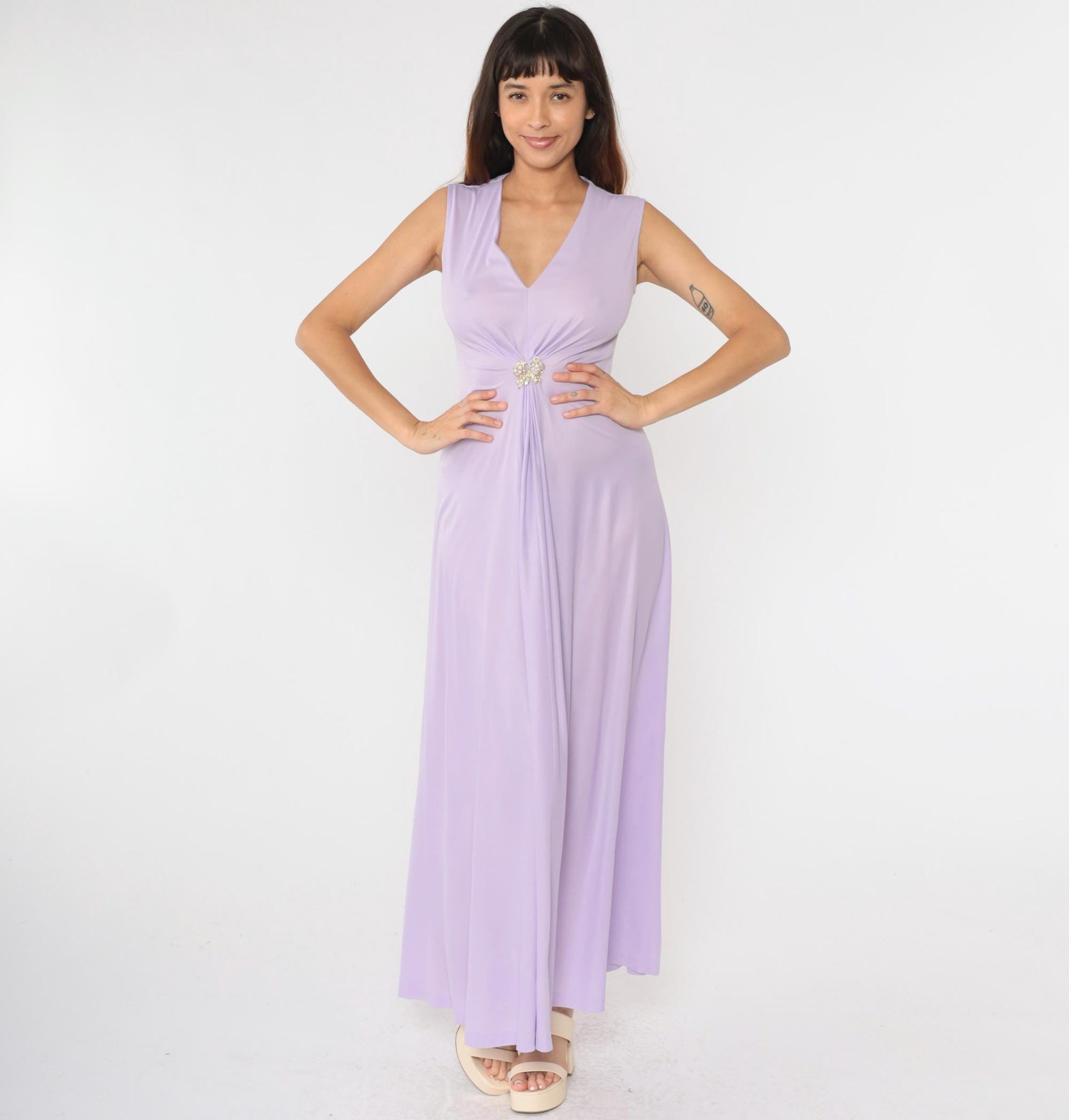 70s Lavender Maxi Dress Rhinestone Butterfly Deep V Sleeveless Small