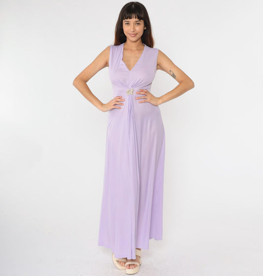 70s Lavender Maxi Dress Rhinestone Butterfly Deep V Sleeveless Small