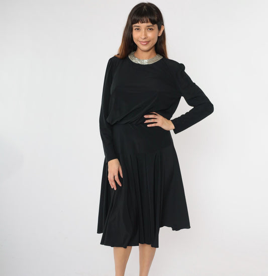 80s Ricki Lang Black Beaded Collar Midi Dress Drop Waist Long Sleeve Medium