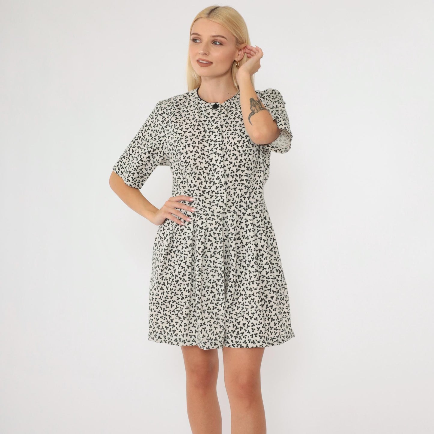 80s Lanz Originals Floral Mini Dress White Black Button-Up High Waisted Medium