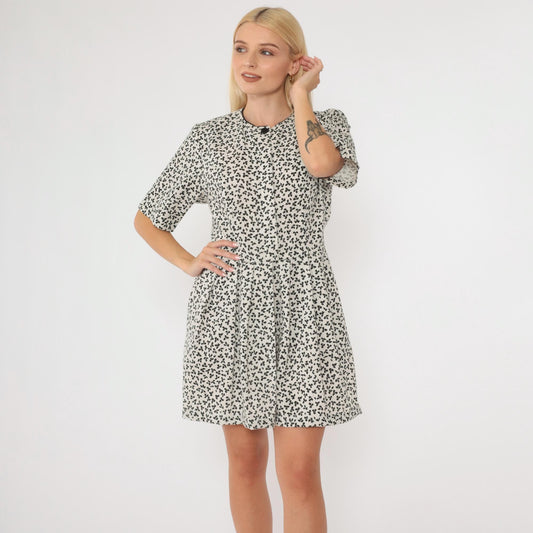 80s Lanz Originals Floral Mini Dress White Black Button-Up High Waisted Medium