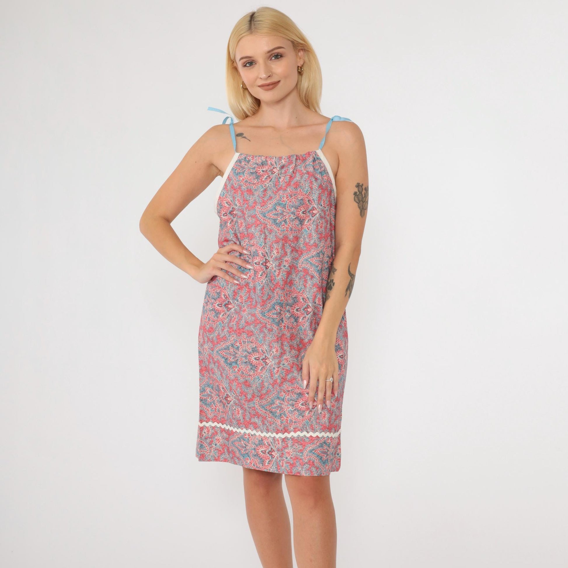 70s Paisley Geometric Shift Dress Red Blue Spaghetti Strap Small
