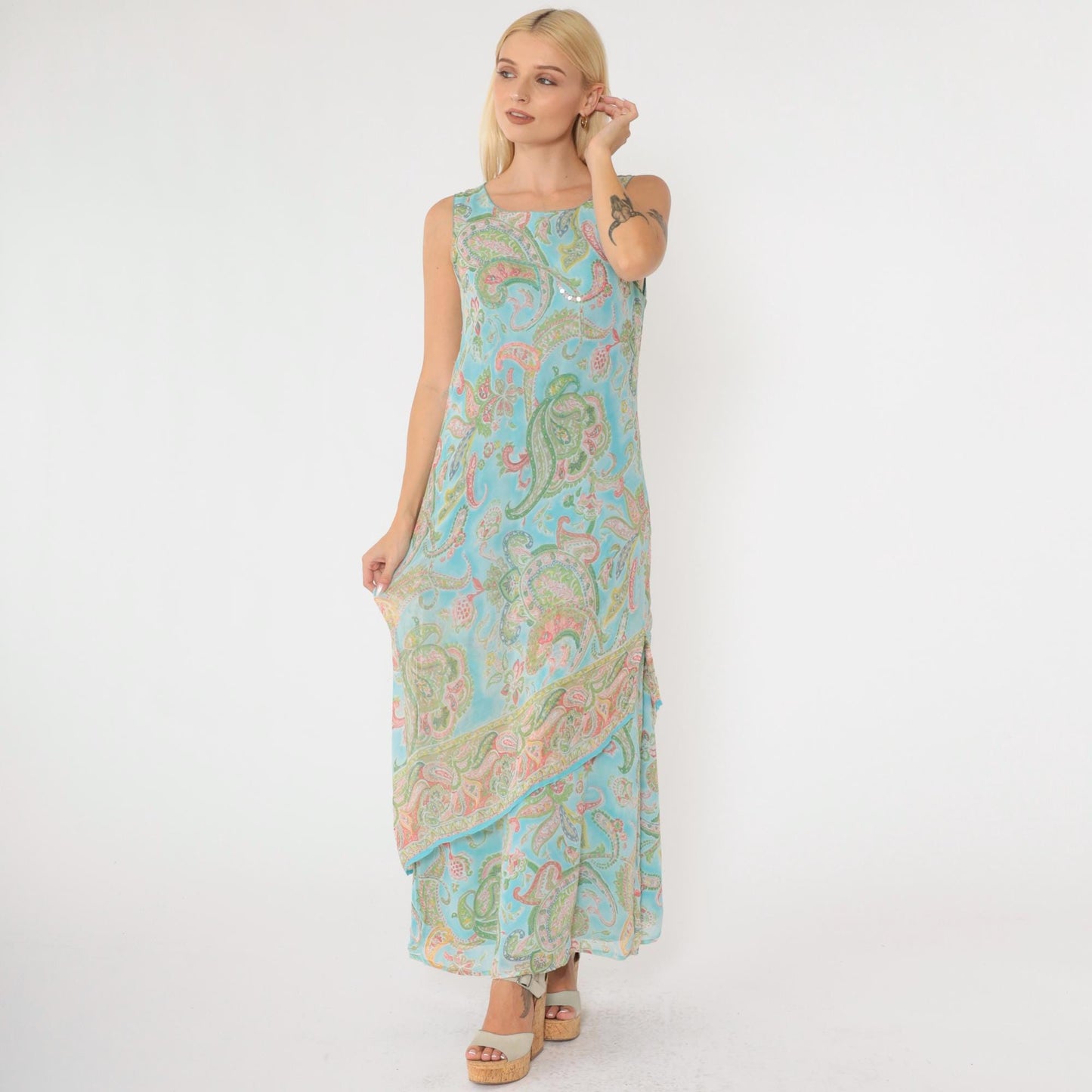 Y2K Paisley Sequin Maxi Dress Blue Sleeveless Draped Medium