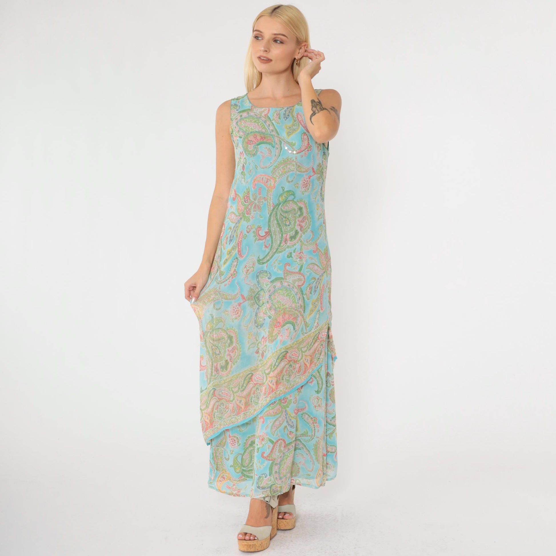 Y2K Paisley Sequin Maxi Dress Blue Sleeveless Draped Medium