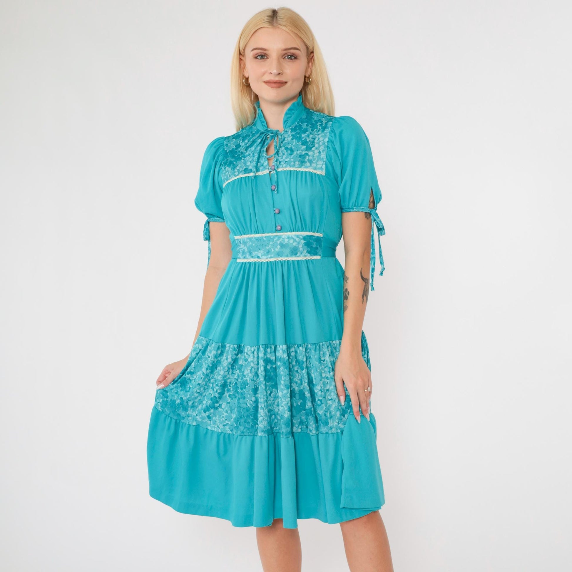 70s Turquoise Floral Puff Sleeve Midi Dress High Waist Tiered Small S