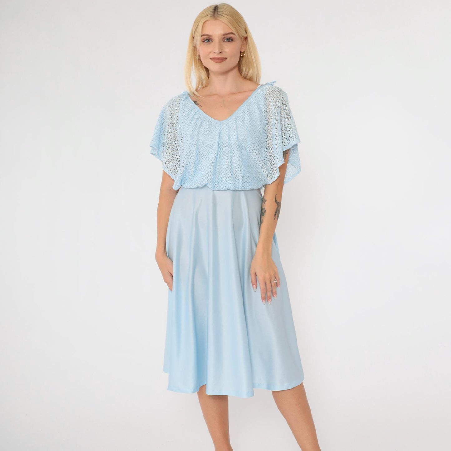 1970s Baby Blue Crochet Capelet Midi Dress High Waist Split Sleeve Extra Small