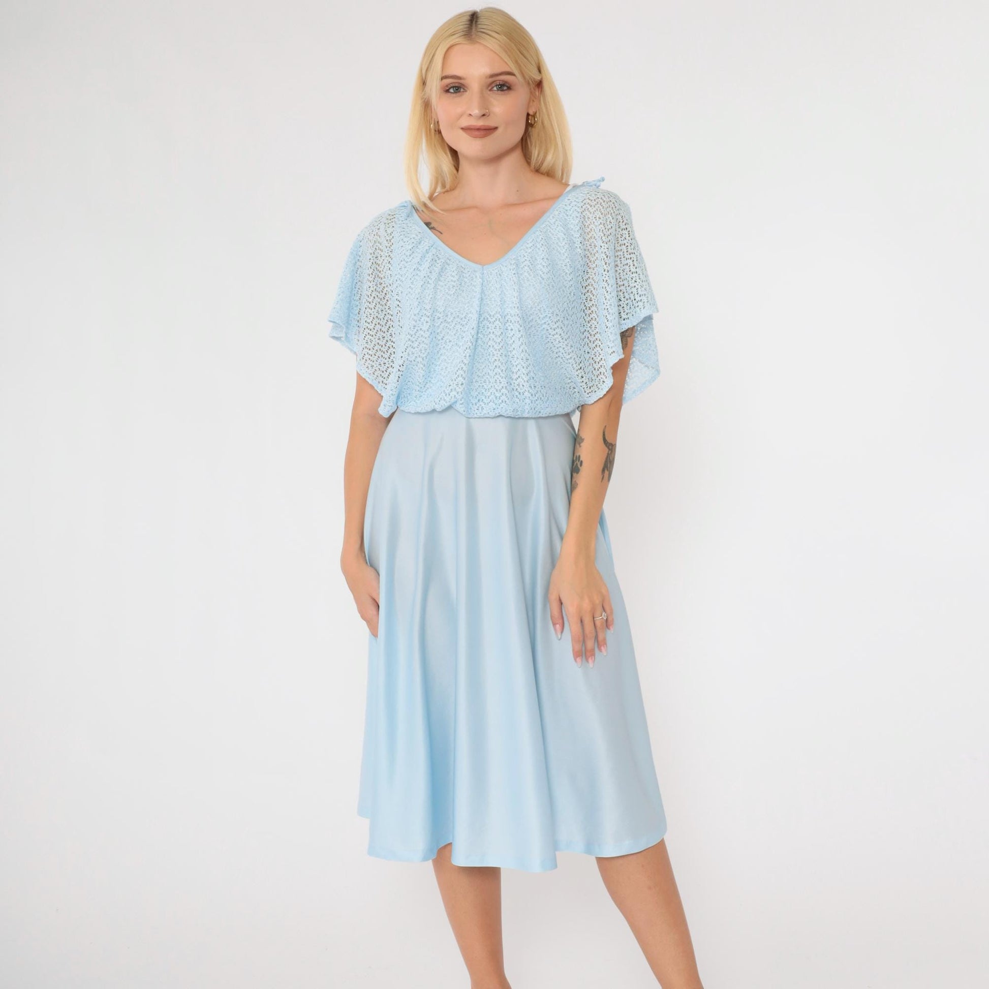 1970s Baby Blue Crochet Capelet Midi Dress High Waist Split Sleeve Extra Small