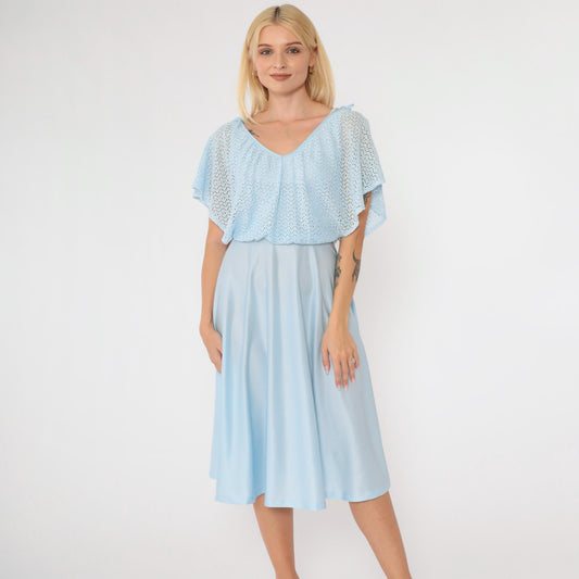 1970s Baby Blue Crochet Capelet Midi Dress High Waist Split Sleeve Extra Small