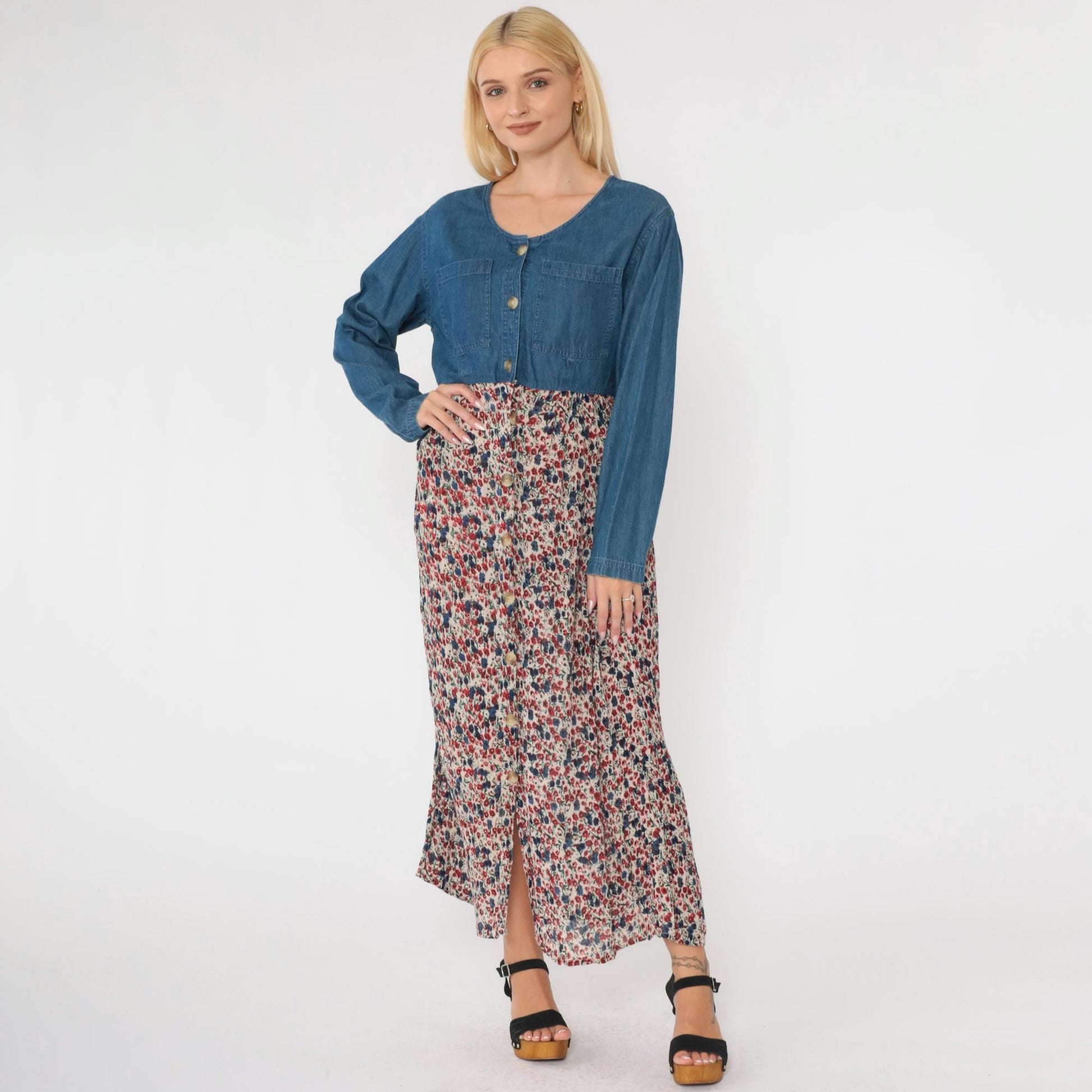 90s Access Floral Denim Maxi Dress Blue Chambray Button-Up High Waist Large