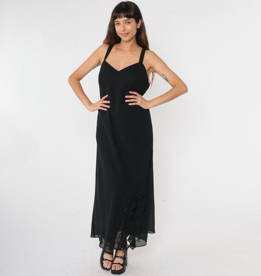 90s R & M Richards Black Chiffon Beaded Maxi Dress V-Neck Medium