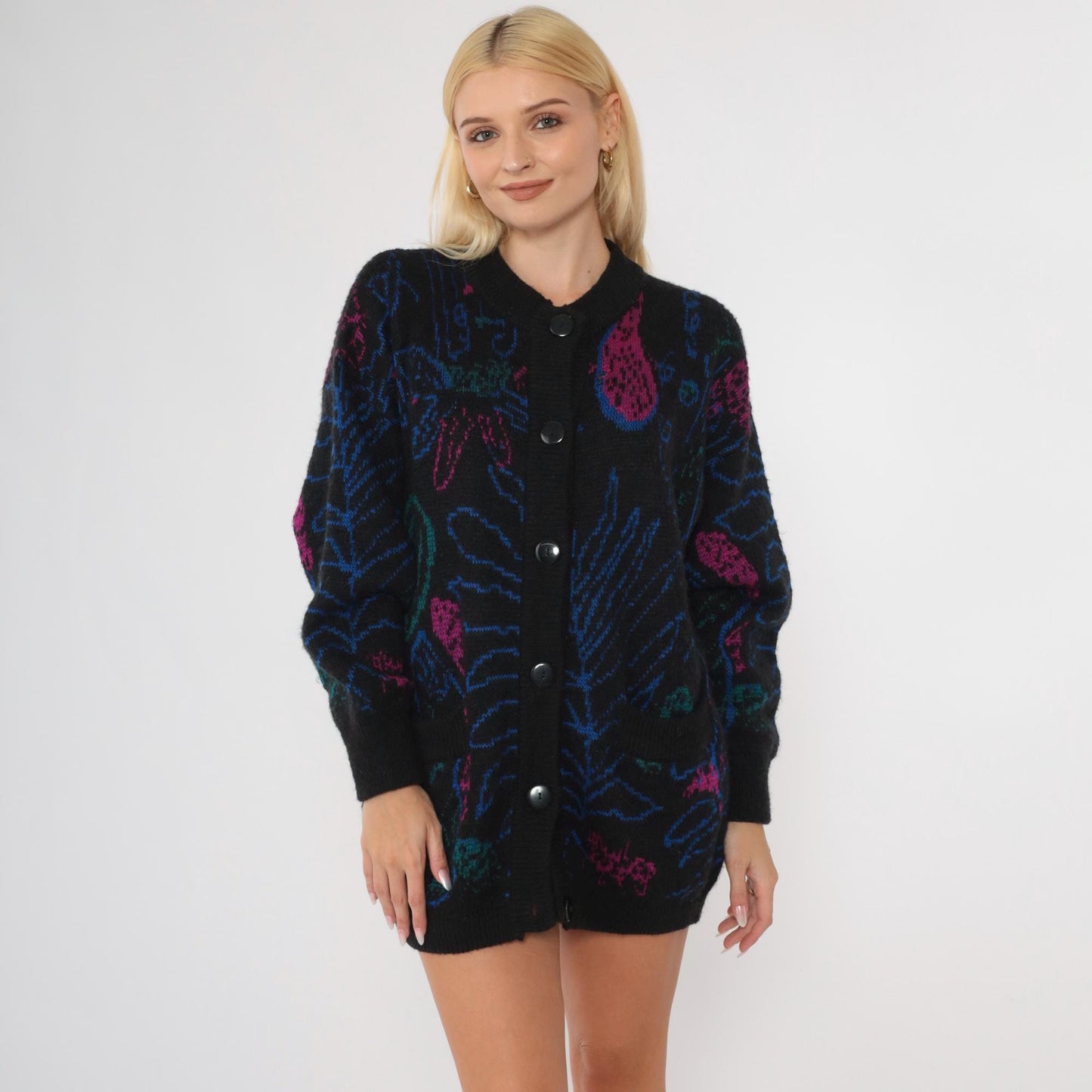 80s Paisley Cardigan Sweater Black Floral Abstract Wool Blend Button Up Medium