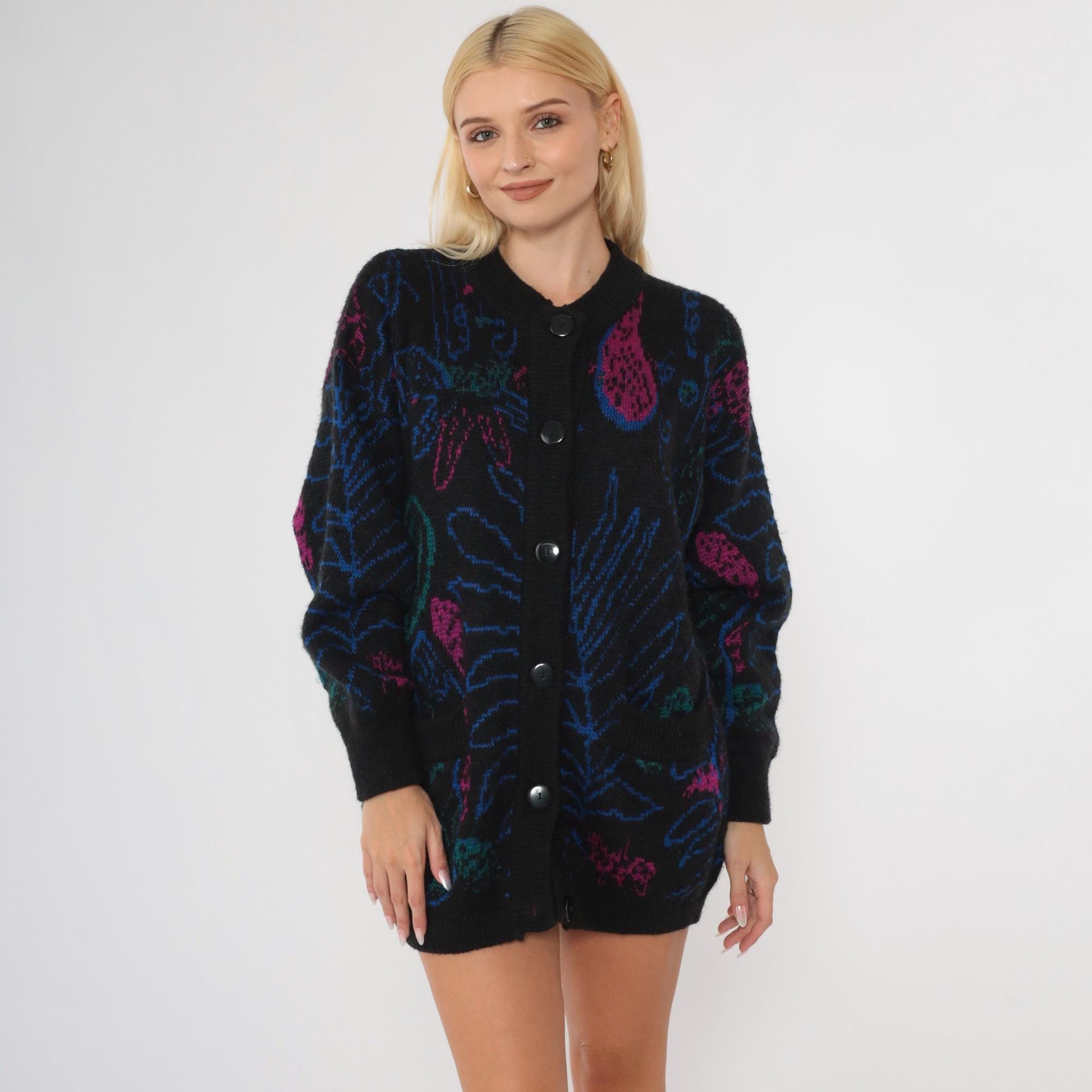 80s Paisley Cardigan Sweater Black Floral Abstract Wool Blend Button Up Medium