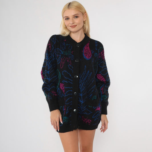 80s Paisley Cardigan Sweater Black Floral Abstract Wool Blend Button Up Medium