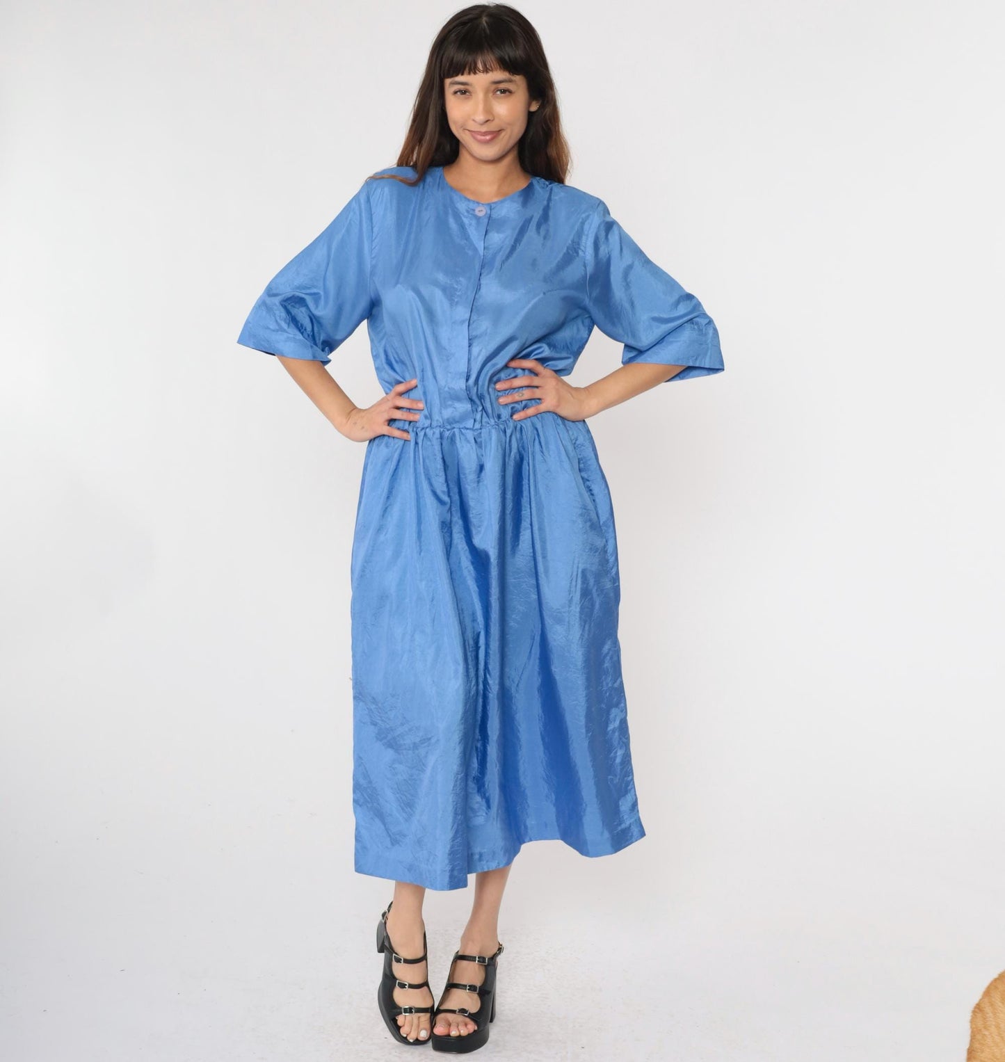 80s Ms Chaus Blue Shiny Midi Shirtdress High Waisted Button Up Medium Large