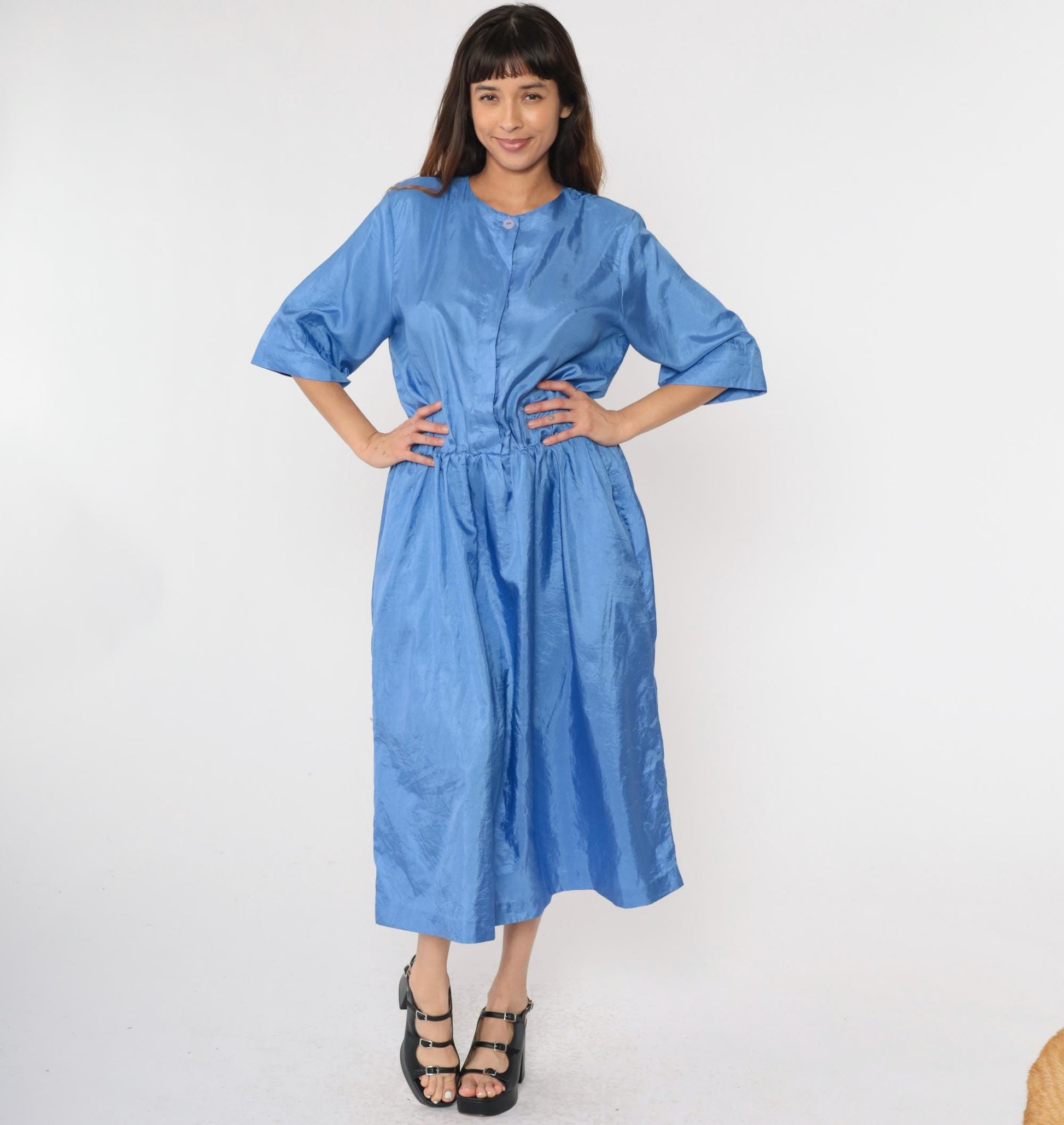 80s Ms Chaus Blue Shiny Midi Shirtdress High Waisted Button Up Medium Large
