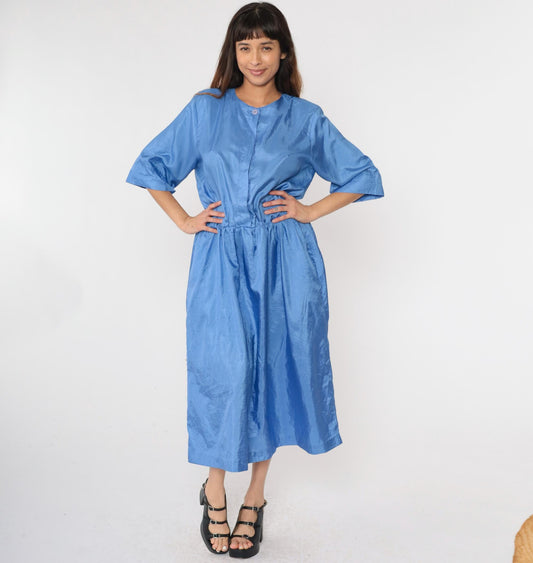 80s Ms Chaus Blue Shiny Midi Shirtdress High Waisted Button Up Medium Large
