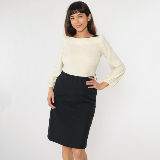 70s Color Block Dress Cream Black Boatneck Puff Sleeve Midi Extra Small