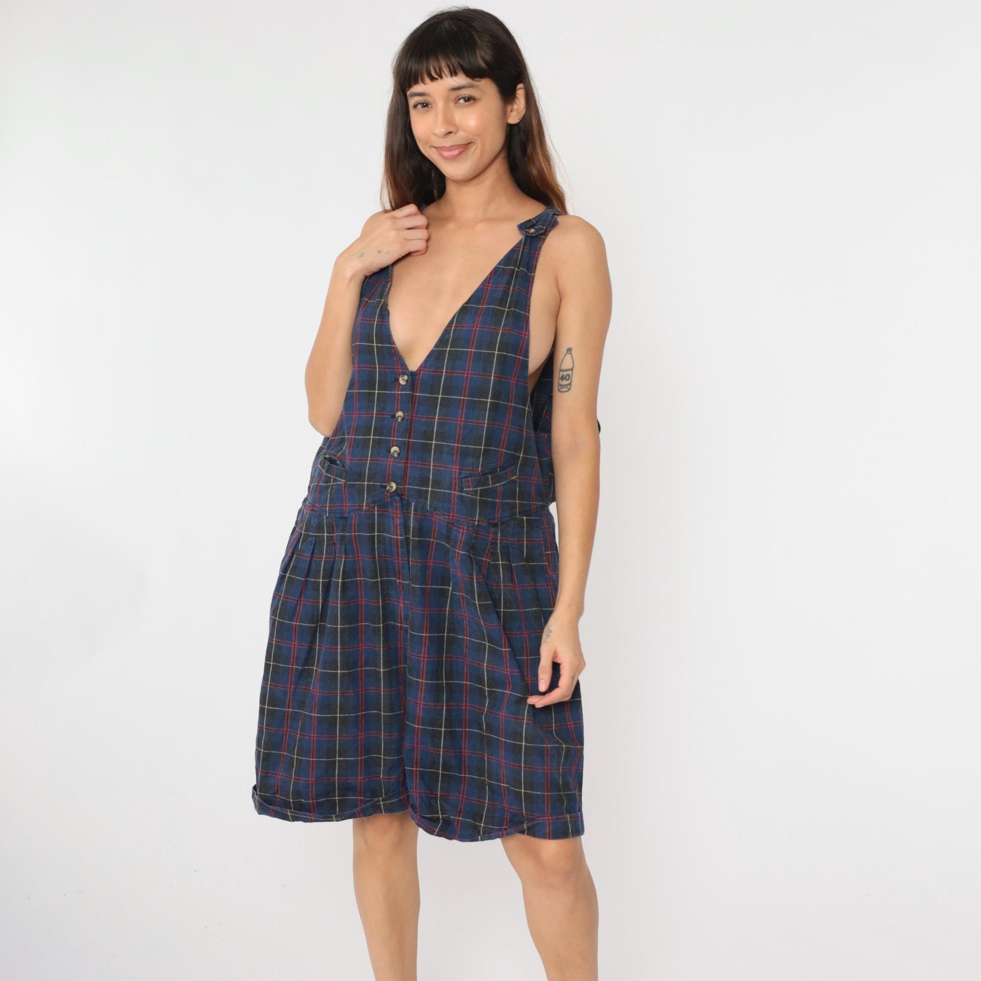 90s Catch the Spirit Checkered Romper Plus Size Charcoal Blue Deep V Neck 26W