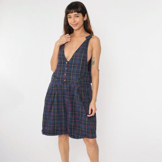 90s Catch the Spirit Checkered Romper Plus Size Charcoal Blue Deep V Neck 26W