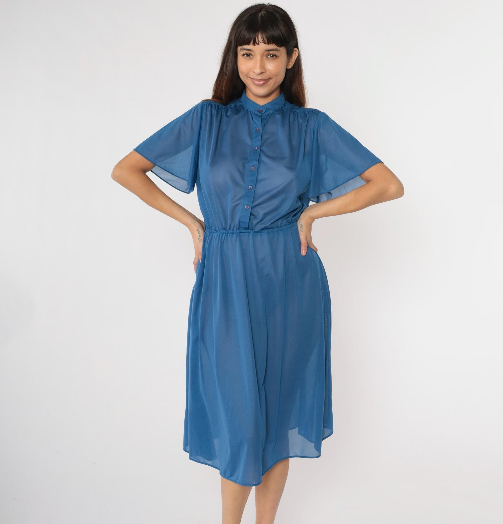 70s Blue Semi-Sheer Midi Shirtdress Flutter Sleeve Button-Up High Waisted Small Medium