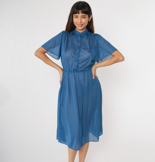 70s Blue Semi-Sheer Midi Shirtdress Flutter Sleeve Button-Up High Waisted Small Medium