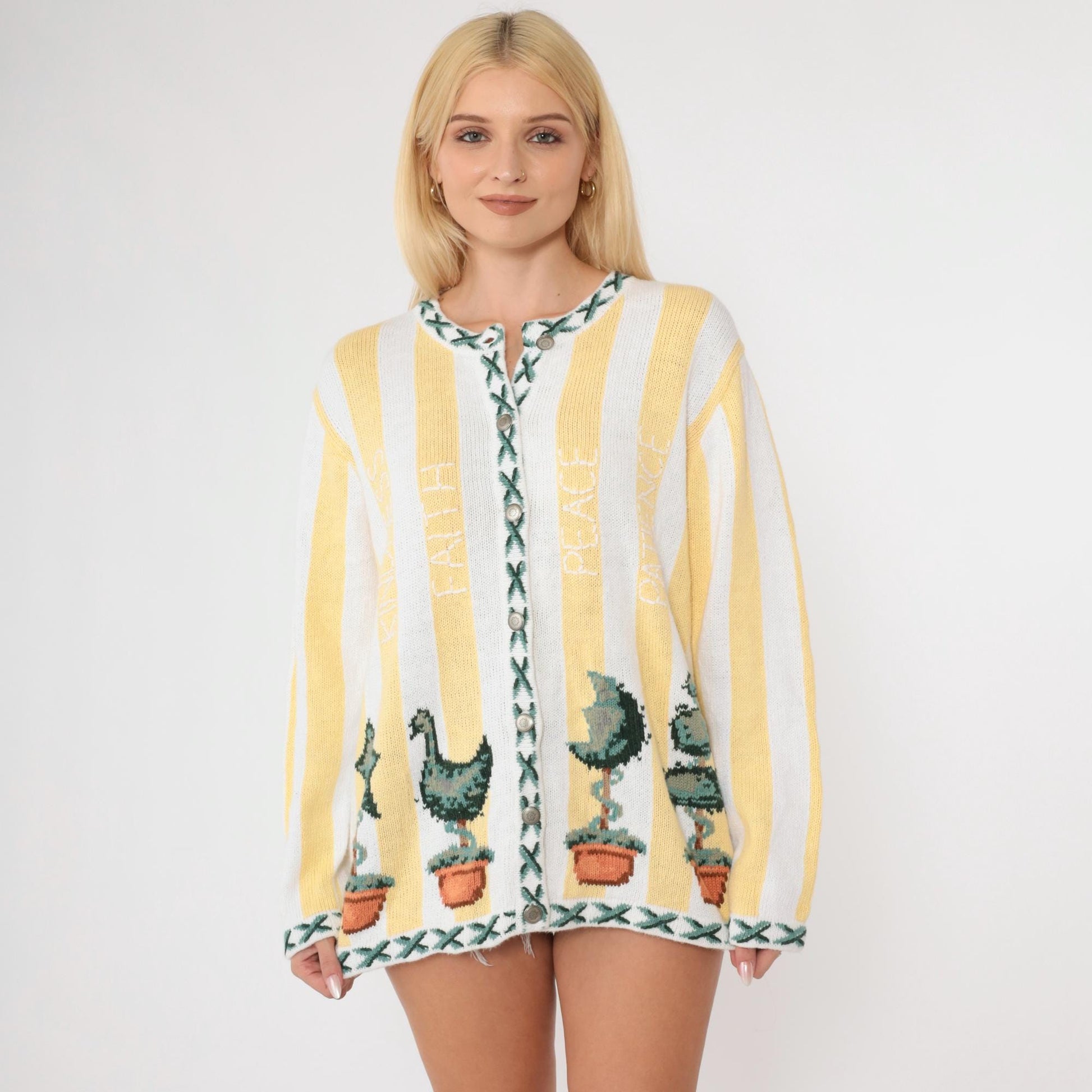 90s Quacker Factory Cardigan Yellow White Striped Topiary Cotton Medium