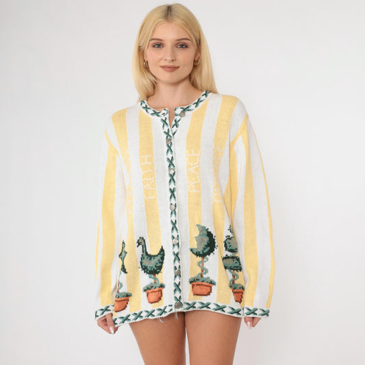 90s Quacker Factory Cardigan Yellow White Striped Topiary Cotton Medium