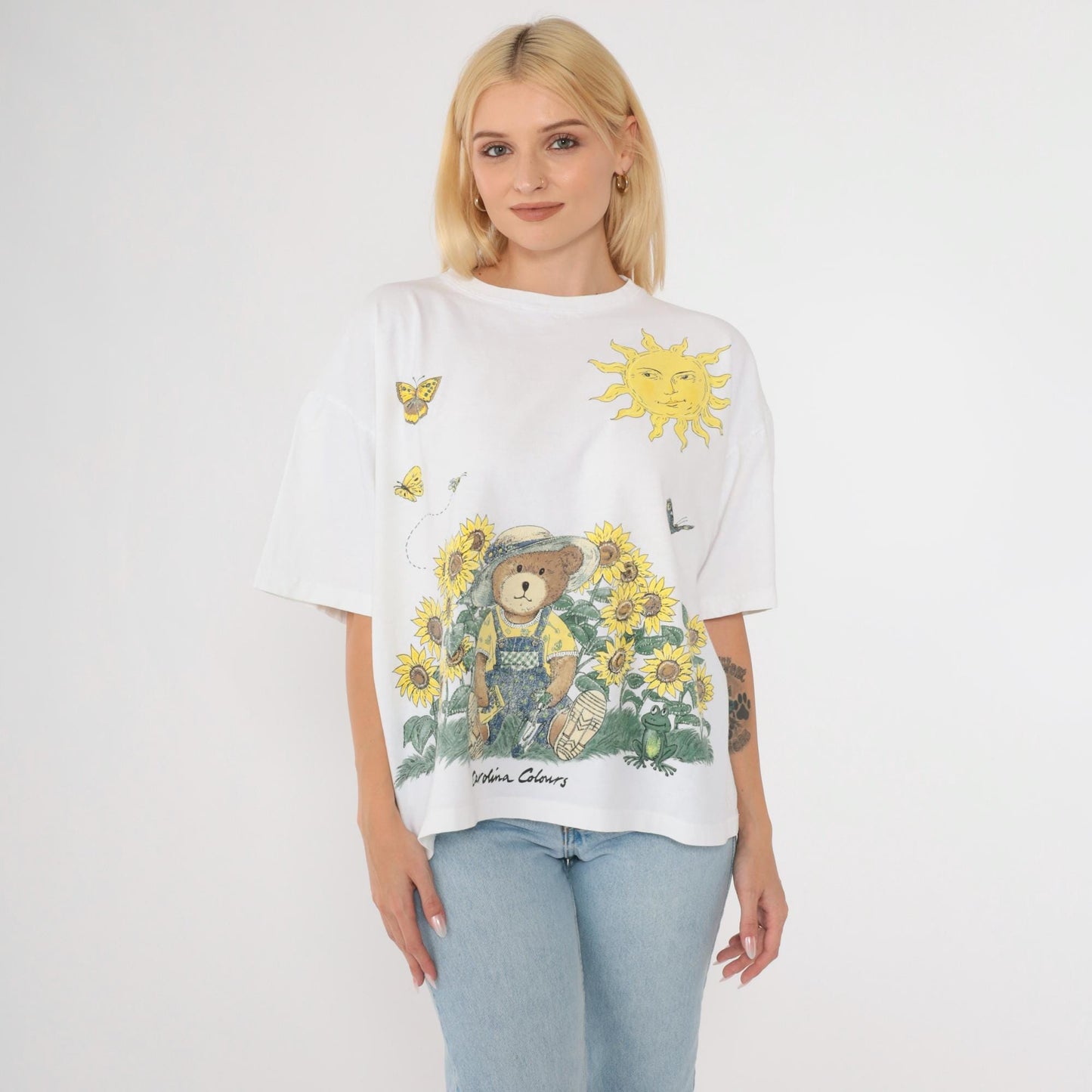 90s Carolina Colours Floral Teddy Bear T-Shirt Sunflower Butterfly Graphic Cotton Large