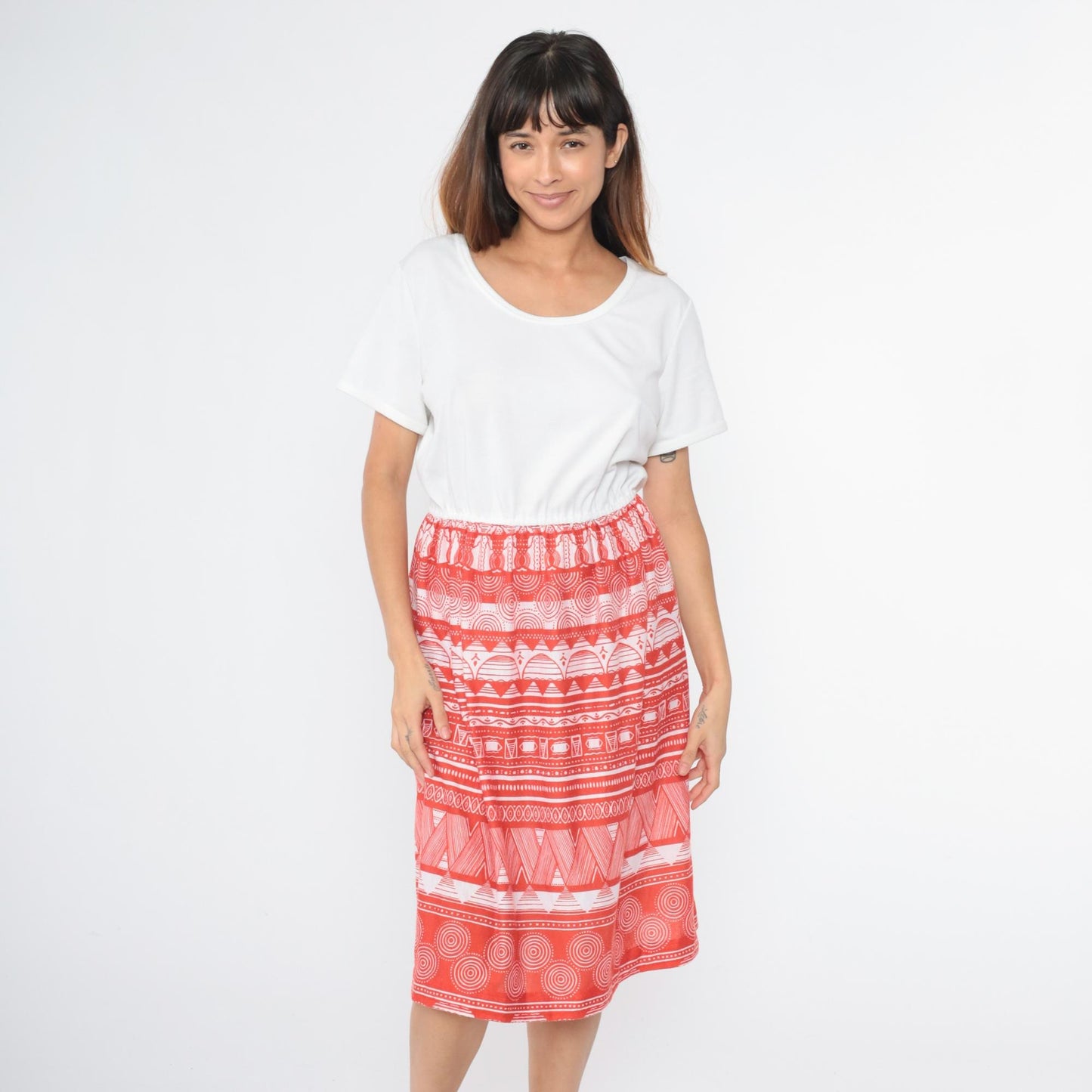 70s Flair of Miami Midi Dress White Red Geometric Print Elastic Waist Medium