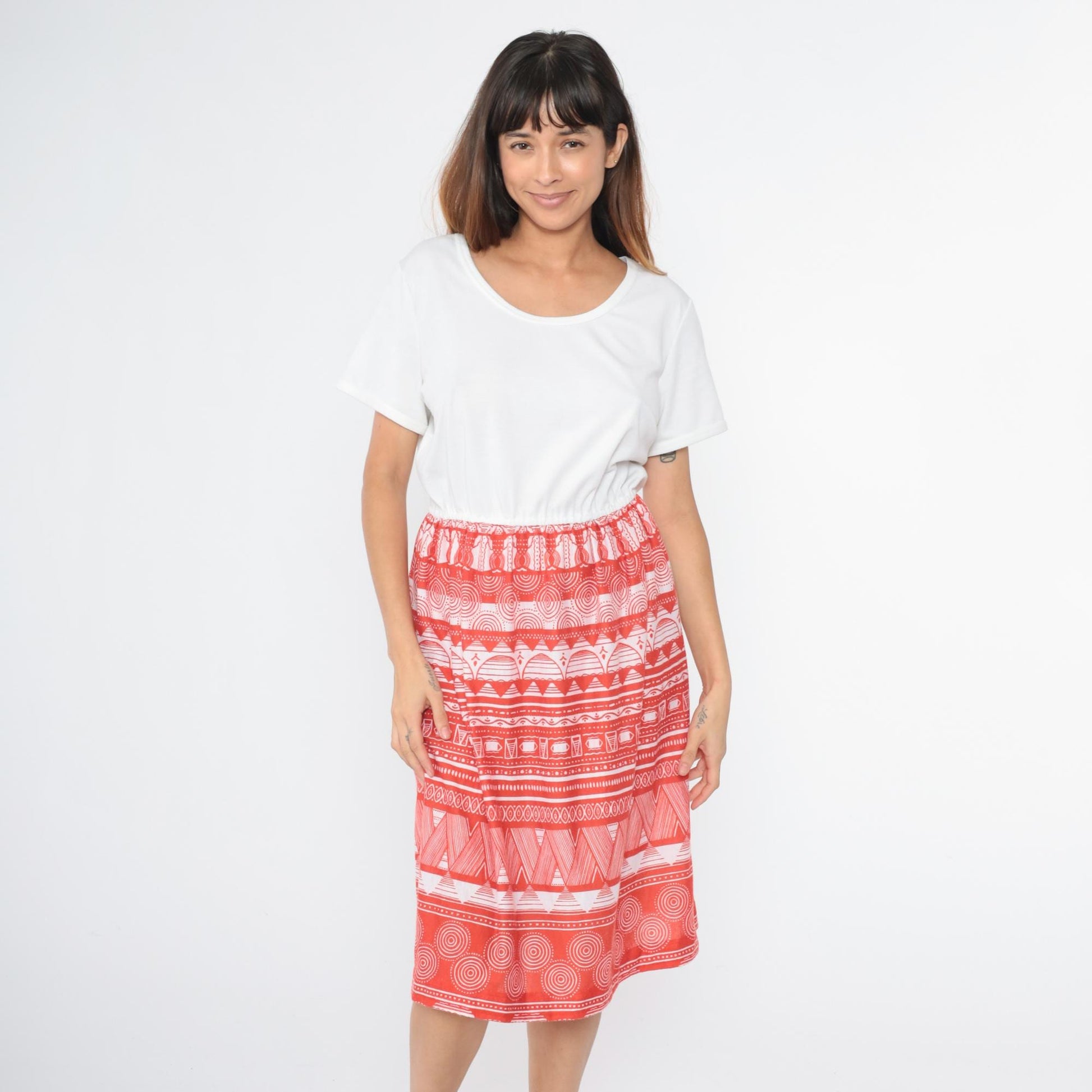 70s Flair of Miami Midi Dress White Red Geometric Print Elastic Waist Medium
