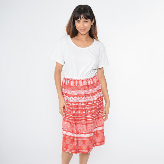 70s Flair of Miami Midi Dress White Red Geometric Print Elastic Waist Medium
