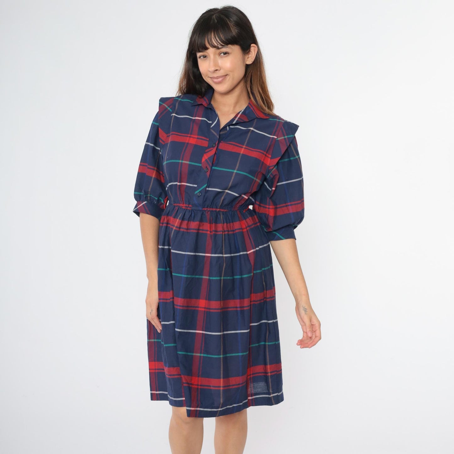 80s Dark Blue Plaid Button-Up Midi Dress High Waist Collar Half Sleeve Extra Small