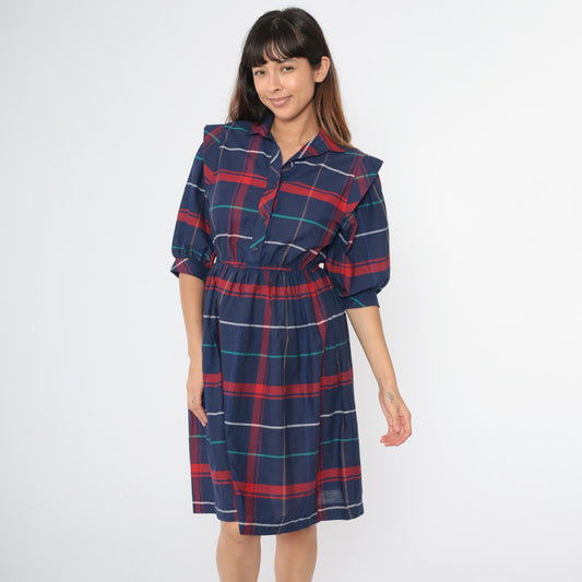 80s Dark Blue Plaid Button-Up Midi Dress High Waist Collar Half Sleeve Extra Small