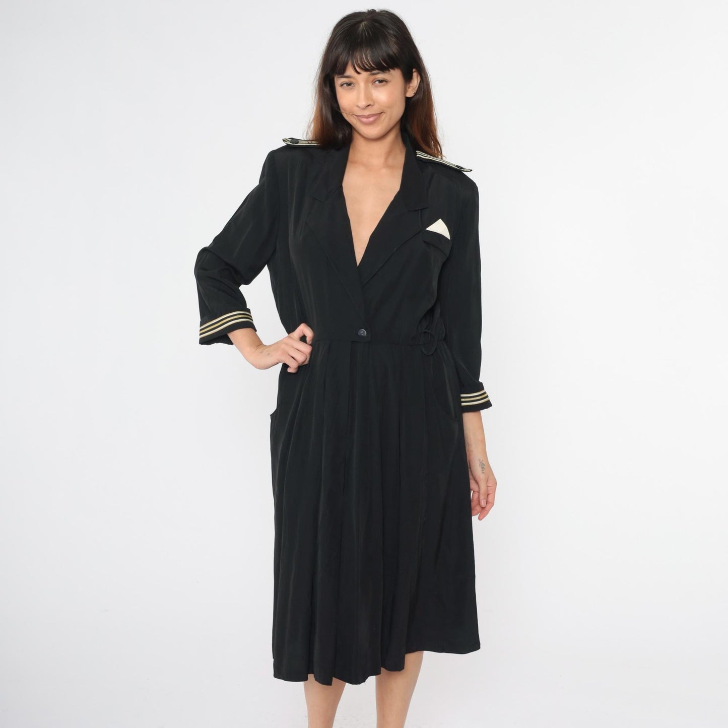 90s Black Midi Wrap Dress Gold Striped Epaulette High Waist Large