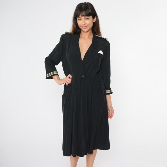 90s Black Midi Wrap Dress Gold Striped Epaulette High Waist Large