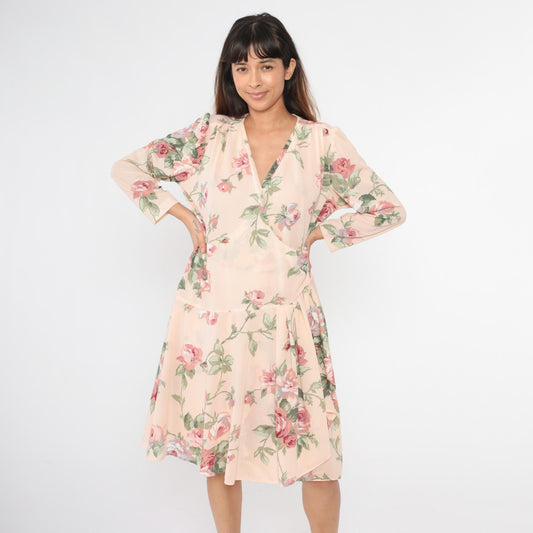 80s Pastel Pink Floral Wrap Midi Dress Drop Waist Puff Sleeve Large