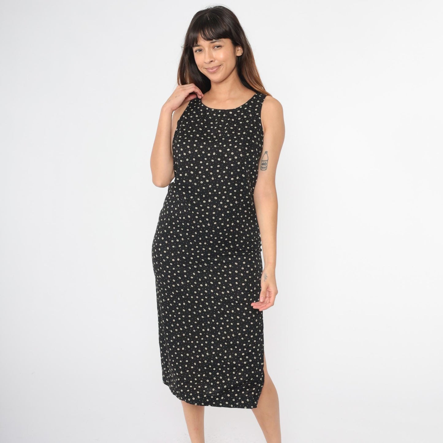 90s Teddi Dresses Black White Polka Dot Midi Sheath Sleeveless Small